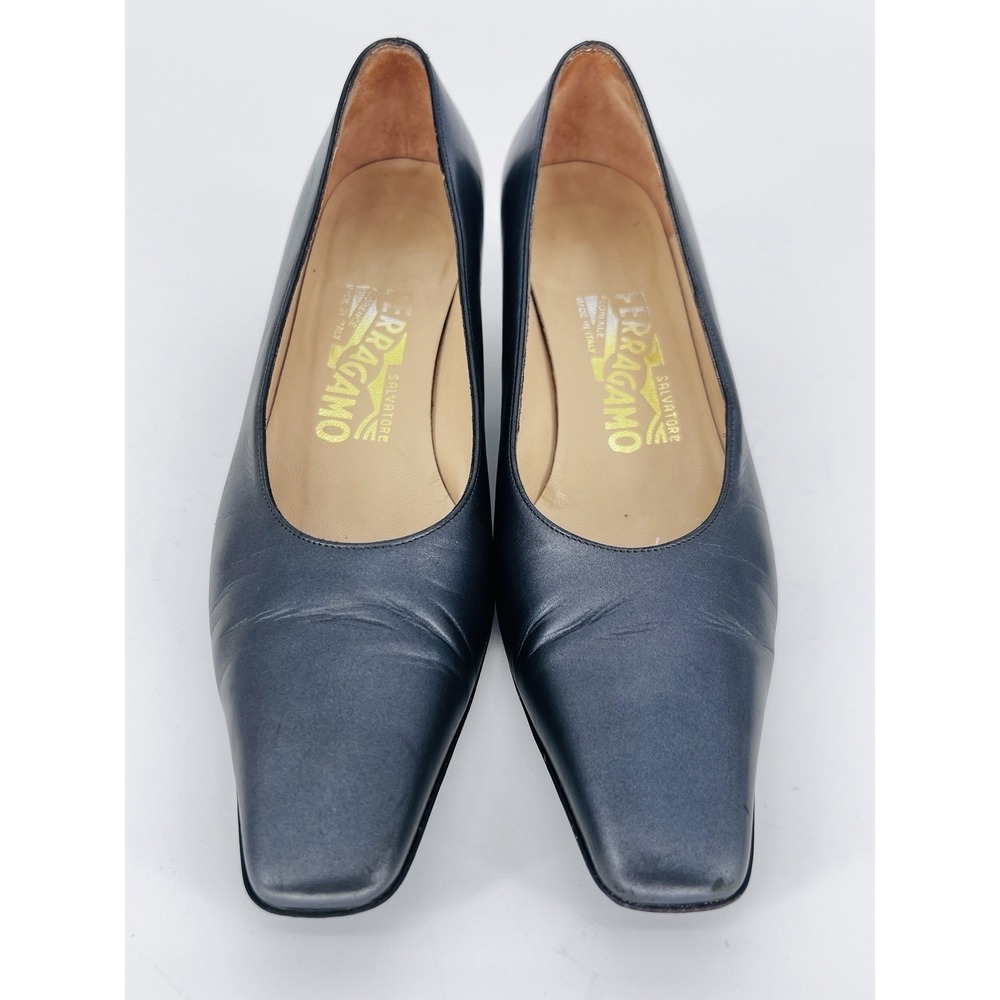 Salvatore Ferragamo Slate Gray Pearl Leather with Chrome Gancini Logo Heel 6.5B - Picture 3 of 12